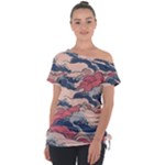 Waves Ocean Sea Water Pattern Rough Seas Digital Art Nature Nautical Off Shoulder Tie-Up T-Shirt