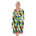 Geometric Pattern Retro Colorful Abstract Long Sleeve Velvet Front Wrap Dress