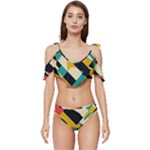 Geometric Pattern Retro Colorful Abstract Ruffle Edge Tie Up Bikini Set	