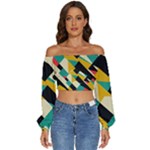 Geometric Pattern Retro Colorful Abstract Long Sleeve Crinkled Weave Crop Top