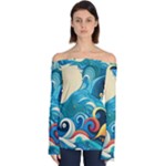 Waves Ocean Sea Abstract Whimsical Abstract Art Pattern Abstract Pattern Water Nature Moon Full Moon Off Shoulder Long Sleeve Top