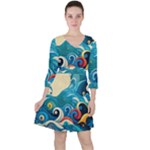Waves Ocean Sea Abstract Whimsical Abstract Art Pattern Abstract Pattern Water Nature Moon Full Moon Quarter Sleeve Ruffle Waist Dress