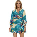 Waves Ocean Sea Abstract Whimsical Abstract Art Pattern Abstract Pattern Water Nature Moon Full Moon V-Neck Placket Mini Dress