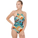Waves Ocean Sea Abstract Whimsical Abstract Art Pattern Abstract Pattern Nature Water Seascape High Neck One Piece Swimsuit