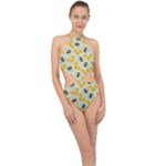 Bees Pattern Honey Bee Bug Honeycomb Honey Beehive Halter Side Cut Swimsuit