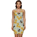Bees Pattern Honey Bee Bug Honeycomb Honey Beehive Sleeveless Wide Square Neckline Ruched Bodycon Dress