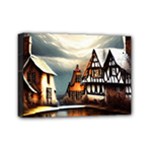 Village Reflections Snow Sky Dramatic Town House Cottages Pond Lake City Mini Canvas 7  x 5  (Stretched)