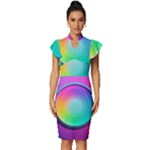 Circle Colorful Rainbow Spectrum Button Gradient Psychedelic Art Vintage Frill Sleeve V-Neck Bodycon Dress