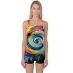 Cosmic Rainbow Quilt Artistic Swirl Spiral Forest Silhouette Fantasy One Piece Boyleg Swimsuit