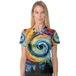 Cosmic Rainbow Quilt Artistic Swirl Spiral Forest Silhouette Fantasy V-Neck Sport Mesh T-Shirt
