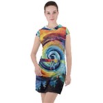 Cosmic Rainbow Quilt Artistic Swirl Spiral Forest Silhouette Fantasy Drawstring Hooded Dress