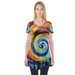 Cosmic Rainbow Quilt Artistic Swirl Spiral Forest Silhouette Fantasy Short Sleeve Tunic 