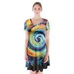 Cosmic Rainbow Quilt Artistic Swirl Spiral Forest Silhouette Fantasy Short Sleeve V-neck Flare Dress