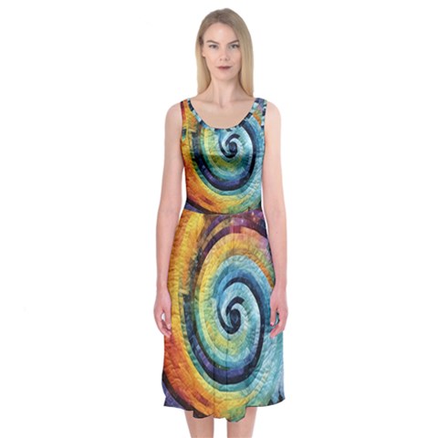 Cosmic Rainbow Quilt Artistic Swirl Spiral Forest Silhouette Fantasy Midi Sleeveless Dress from UrbanLoad.com