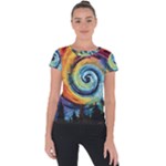 Cosmic Rainbow Quilt Artistic Swirl Spiral Forest Silhouette Fantasy Short Sleeve Sports Top 
