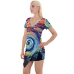 Cosmic Rainbow Quilt Artistic Swirl Spiral Forest Silhouette Fantasy Short Sleeve Asymmetric Mini Dress