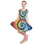 Cosmic Rainbow Quilt Artistic Swirl Spiral Forest Silhouette Fantasy Kids  Short Sleeve Dress