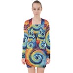 Cosmic Rainbow Quilt Artistic Swirl Spiral Forest Silhouette Fantasy V-neck Bodycon Long Sleeve Dress