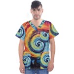 Cosmic Rainbow Quilt Artistic Swirl Spiral Forest Silhouette Fantasy Men s V-Neck Scrub Top
