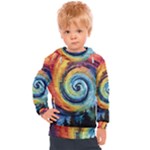 Cosmic Rainbow Quilt Artistic Swirl Spiral Forest Silhouette Fantasy Kids  Hooded Pullover