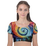 Cosmic Rainbow Quilt Artistic Swirl Spiral Forest Silhouette Fantasy Velvet Short Sleeve Crop Top 