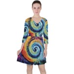 Cosmic Rainbow Quilt Artistic Swirl Spiral Forest Silhouette Fantasy Quarter Sleeve Ruffle Waist Dress