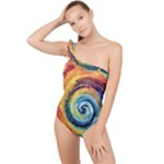 Cosmic Rainbow Quilt Artistic Swirl Spiral Forest Silhouette Fantasy Frilly One Shoulder Swimsuit