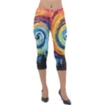 Cosmic Rainbow Quilt Artistic Swirl Spiral Forest Silhouette Fantasy Lightweight Velour Capri Leggings 