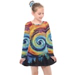 Cosmic Rainbow Quilt Artistic Swirl Spiral Forest Silhouette Fantasy Kids  Long Sleeve Dress