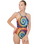Cosmic Rainbow Quilt Artistic Swirl Spiral Forest Silhouette Fantasy High Neck One Piece Swimsuit