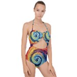 Cosmic Rainbow Quilt Artistic Swirl Spiral Forest Silhouette Fantasy Scallop Top Cut Out Swimsuit