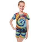 Cosmic Rainbow Quilt Artistic Swirl Spiral Forest Silhouette Fantasy Kids  Mesh T-Shirt and Shorts Set