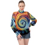 Cosmic Rainbow Quilt Artistic Swirl Spiral Forest Silhouette Fantasy High Neck Long Sleeve Chiffon Top