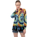 Cosmic Rainbow Quilt Artistic Swirl Spiral Forest Silhouette Fantasy Long Sleeve Satin Shirt