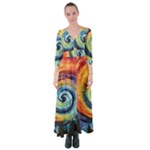 Cosmic Rainbow Quilt Artistic Swirl Spiral Forest Silhouette Fantasy Button Up Maxi Dress
