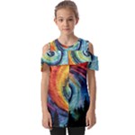 Cosmic Rainbow Quilt Artistic Swirl Spiral Forest Silhouette Fantasy Fold Over Open Sleeve Top