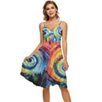 Cosmic Rainbow Quilt Artistic Swirl Spiral Forest Silhouette Fantasy Sleeveless Tie Front Chiffon Dress