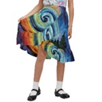 Cosmic Rainbow Quilt Artistic Swirl Spiral Forest Silhouette Fantasy Kids  Ruffle Flared Wrap Midi Skirt
