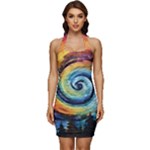 Cosmic Rainbow Quilt Artistic Swirl Spiral Forest Silhouette Fantasy Sleeveless Wide Square Neckline Ruched Bodycon Dress