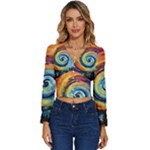 Cosmic Rainbow Quilt Artistic Swirl Spiral Forest Silhouette Fantasy Long Sleeve V-Neck Top