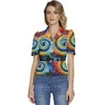 Cosmic Rainbow Quilt Artistic Swirl Spiral Forest Silhouette Fantasy Puffed Short Sleeve Button Up Jacket