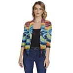 Cosmic Rainbow Quilt Artistic Swirl Spiral Forest Silhouette Fantasy Women s Draped Front 3/4 Sleeve Shawl Collar Jacket