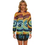 Cosmic Rainbow Quilt Artistic Swirl Spiral Forest Silhouette Fantasy Womens Long Sleeve Shirt Dress