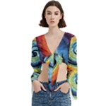 Cosmic Rainbow Quilt Artistic Swirl Spiral Forest Silhouette Fantasy Trumpet Sleeve Cropped Top