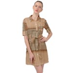 Wooden Wickerwork Texture Square Pattern Belted Shirt Dress