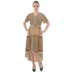 Wooden Wickerwork Texture Square Pattern Front Wrap High Low Dress