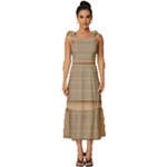 Wooden Wickerwork Texture Square Pattern Tie-Strap Tiered Midi Chiffon Dress