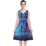 Digital Art Artwork Illustration Vector Buiding City V-Neck Midi Sleeveless Dress 