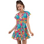 Circles Art Seamless Repeat Bright Colors Colorful Flutter Sleeve Wrap Dress