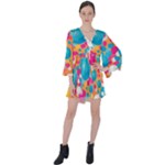 Circles Art Seamless Repeat Bright Colors Colorful V-Neck Flare Sleeve Mini Dress